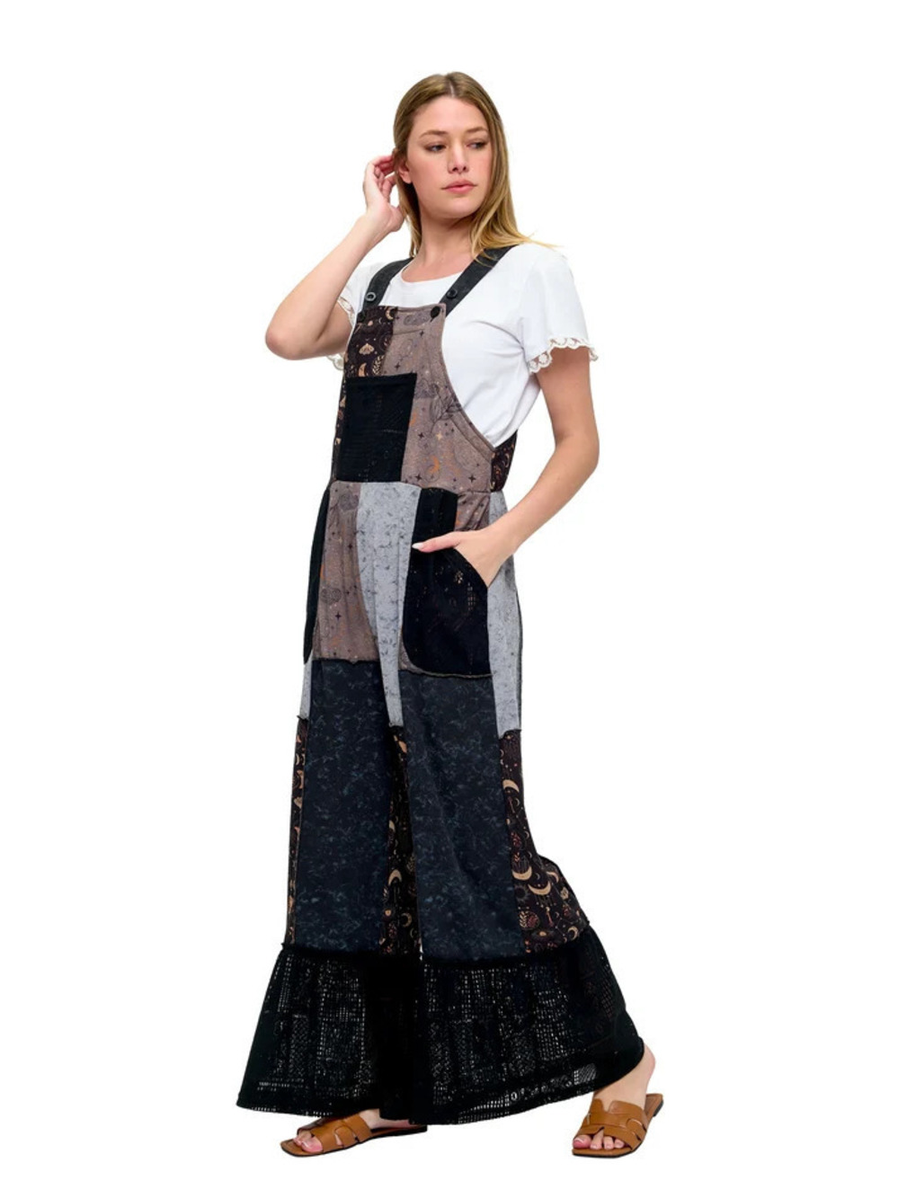 26884 | Yak & Yeti Boho Celestial Mushroom Patchwork Overalls | Sizes S/M-L/XL - Picture 2 of 3